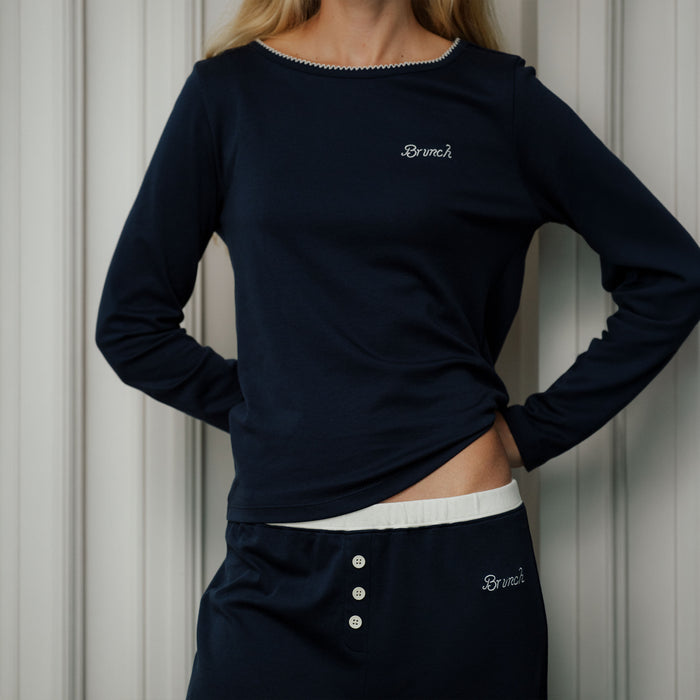 Brunch Women's PJ Set in Navy pima cotton, product view 2